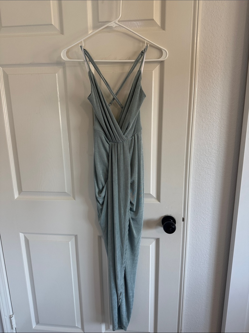 Lulu's Sage Green Backless Draped V-Neck Maxi Dress